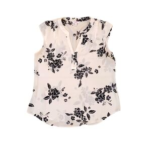 Candie's Women's White Light‎ Weight Black Floral V-Neck Blouse Medium
